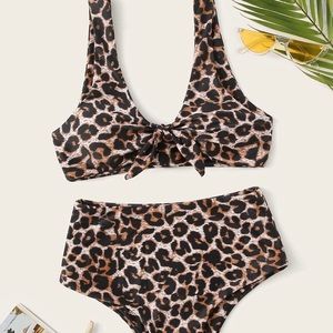 Shein Leopard Front Knot High Waisted Bikini Set